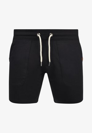 Shorts negri dintr-un material neted, cu talie elastică și șnur ajustabil, având două buzunare frontale. Design simplu, fără modele.