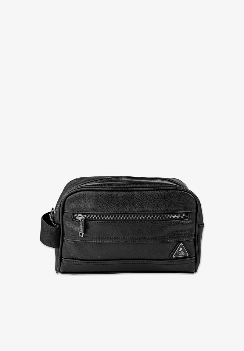 Neceser de cuero negro con un acabado texturizado, que cuenta con un bolsillo frontal con cremallera y un asa lateral para facilitar su transporte. Logo en el lateral.