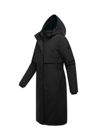 Black insulated parka with a hood, featuring a front zip closure, side pockets, and a cinched waist. Smooth, matte texture; long, straight design.