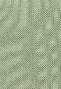 Primo piano di un tessuto verde pallido con una trama densa e uniforme che presenta piccoli motivi ad anello intrecciati.