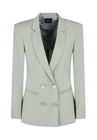 Blazer doppio petto grigio chiaro con un design strutturato, revers a punta, bottoni argentati e tessuto morbido. Presenta tasche laterali.