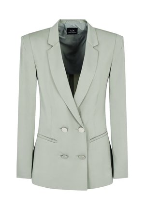 Blazer doppio petto grigio chiaro con un design strutturato, revers a punta, bottoni argentati e tessuto morbido. Presenta tasche laterali.