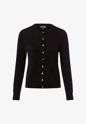 Schwarze Strickjacke mit langen Ärmeln und rundem Ausschnitt sowie acht silbernen Knöpfen auf der Vorderseite, aus reinem Kaschmirstoff gefertigt.