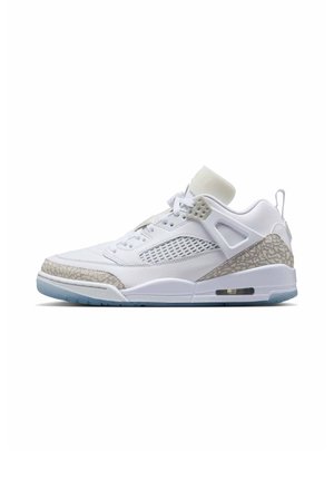 White athletic shoe featuring a textured gray accent, mesh panels, and a translucent blue sole. Design includes distinctive midsole pattern.