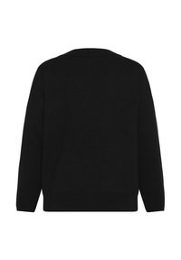 Fekete pulóver kerek nyakkivágással, hosszú ujjakkal és bordázott szegéllyel. Puha, textúrált anyagból készült, egyszerű, egyszínű dizájnnal.