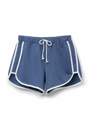 Shorts en coton bleu avec des bordures blanches, taille élastique et cordon de serrage. Présente des ourlets arrondis et des accents sur les côtés pour un design sportif.