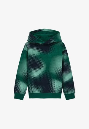 Grüne und schwarze Kapuzenjacke mit gepunktetem Farbverlauf-Muster und dem Text "Blue Ridge Denim" auf der Vorderseite in der Mitte.