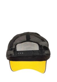 Black mesh cap with a yellow brim. The back features a plastic adjustable strap. Textured mesh provides ventilation.