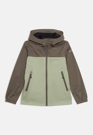 Hooded jacket with brown upper and sleeves, light green lower section, full front zipper, and two zippered side pockets.