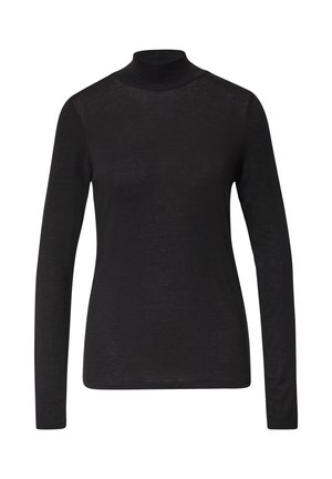 Schwarzes Langarm-Turtleneck-Shirt aus einem leichten, leicht durchsichtigen Stoff. Besitzt ein figurbetontes Design mit glatter Textur.