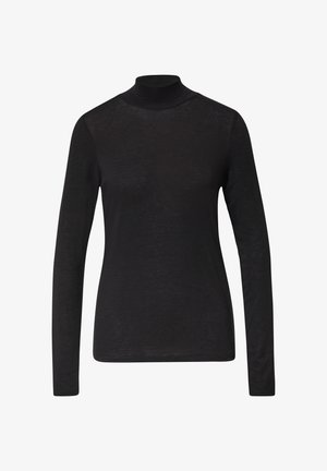 Maglietta nera a maniche lunghe con colletto a dolcevita realizzata in un tessuto leggero e leggermente trasparente. Presenta un design aderente con una texture liscia.