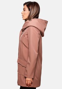 Rose-colored, mid-length jacket with a large hood, featuring a front zipper and side pockets, constructed from smooth, textured fabric.