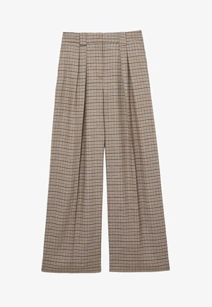 Magas derekú, bő szárú nadrág bézs színben, finom többszínű csíkos mintával és elülső ráncolással.