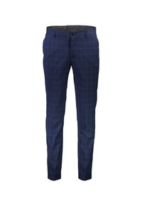 Laivastonsiniset miesten juhlahousut, joissa on hienovarainen valkoinen ikkunaikkunaruudullinen kuvio ja etunappi suljenta.