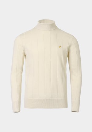 Pulover crem cu guler înalt, textură cu nervuri și dungi verticale. Include un mic logo auriu pe partea stângă a pieptului și manșete ajustate.