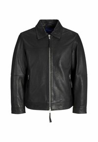 Black leather jacket with a zip closure, pointed collar, and side zip pockets. Features a smooth texture and a minimalist design.