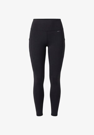 Zwarte, hoogtalige sportlegging met zijzakken en zichtbare stiksels, ontworpen voor een strakke pasvorm.