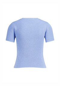Light blue ribbed knit short-sleeve top with a fitted silhouette and a rounded neckline. The texture is smooth with a subtle stretch.