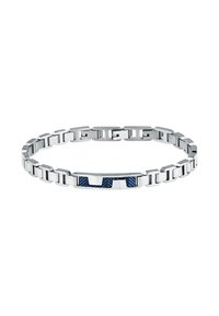 Bracciale in metallo argentato con anelli intrecciati, caratterizzato da un centrale smaltato blu rettangolare con un motivo a chevron.