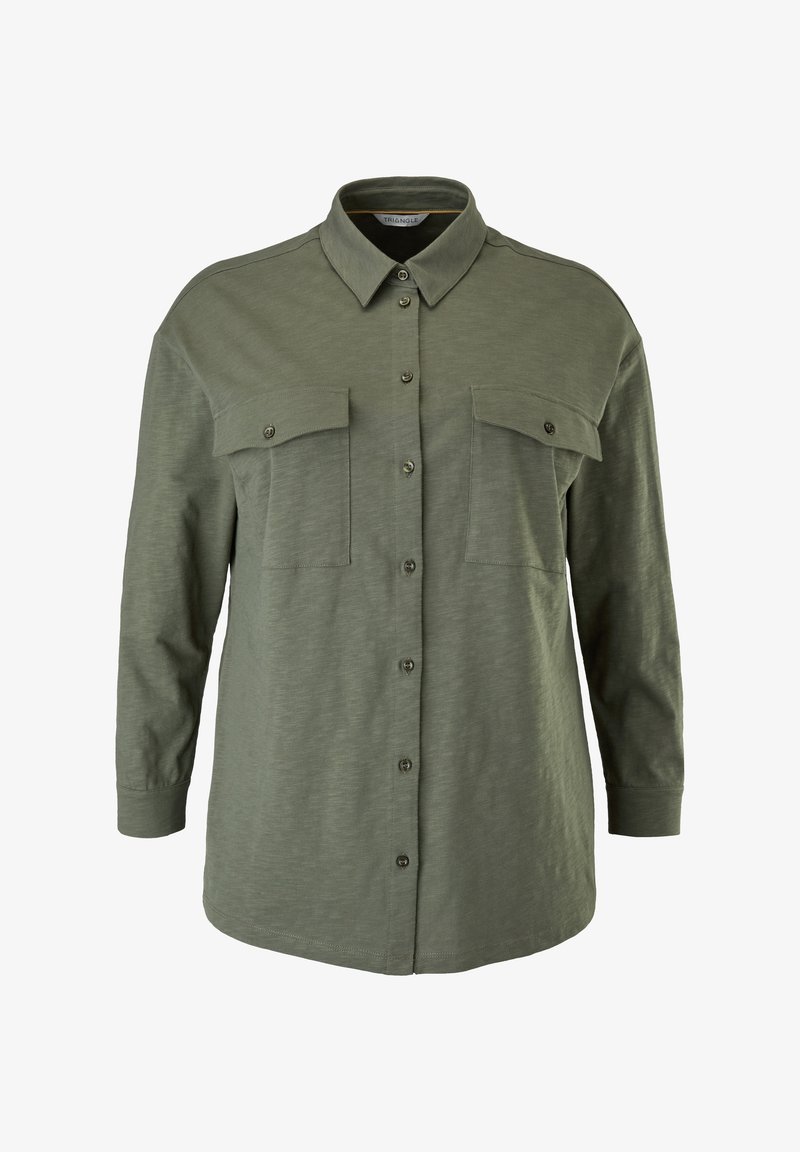 Khaki button-up shirt made of soft fabric, featuring long sleeves, a pointed collar, two front chest pockets, and a straight hemline.