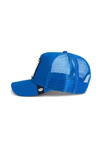 Blue trucker cap with a solid front and mesh back. Features a flat brim, adjustable strap, and a small logo tag on the side.