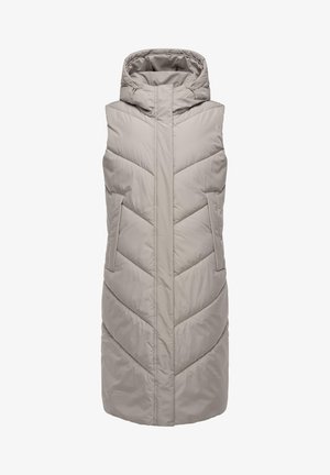 Helle beigefarbene ärmellose Steppweste mit Kapuze, ausgestattet mit einem Chevron-Steppmuster, zwei seitlichen Taschen und Kordelzug-Akzenten am Kragen.