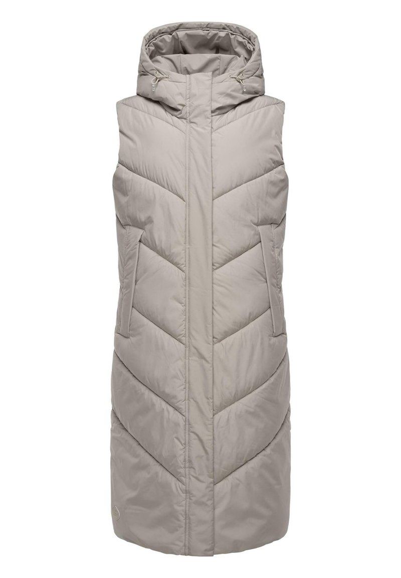 Ljust beige ärmlös pufferväst med huva, med en chevron-quiltad design, två sidofickor och dragsko-detaljer vid kragen.