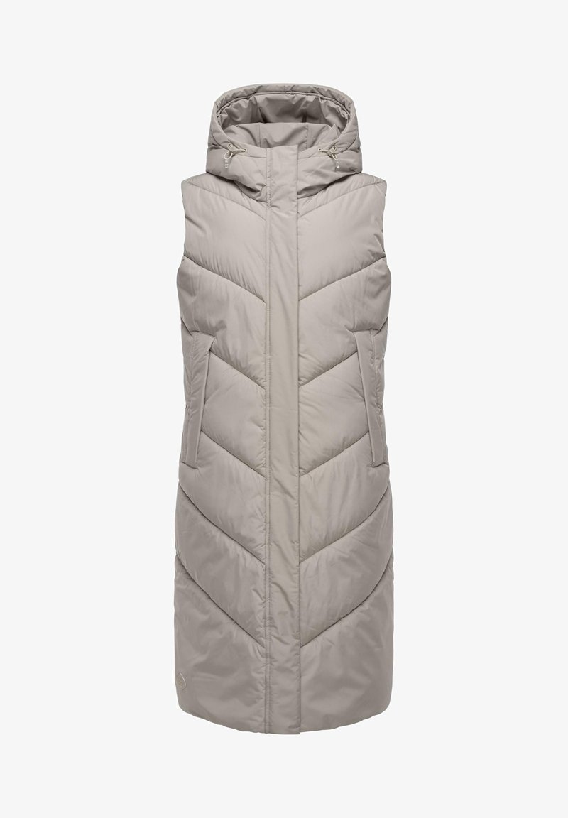 Ljust beige ärmlös pufferväst med huva, med en chevron-quiltad design, två sidofickor och dragsko-detaljer vid kragen.