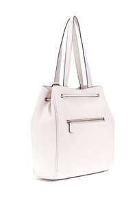 Borsa tote in pelle bianca con doppi manici, interno spazioso, tasca anteriore con cerniera e dettagli di cucitura a contrasto lungo i bordi.