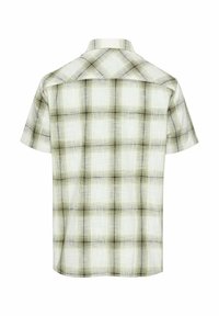 Korte mouw geruit shirt in lichtgroen, wit en zwart. Beschikt over een button-down kraag, rugpand en een vierkant patroonontwerp.