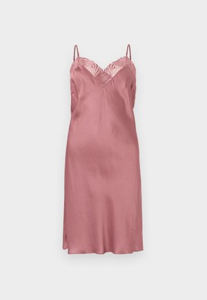 Ροδακινί σατέν φόρεμα τύπου slip με δαντέλα στο V-λαιμόκοψη και ρυθμιζόμενους λεπτούς ιμάντες ώμου, μέχρι το γόνατο με διακριτική πλαϊνή σκίση.