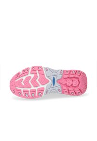 Shoe sole with a pink rubber base, white midsole, and textured grey accents. Features a patterned tread for grip and stability.