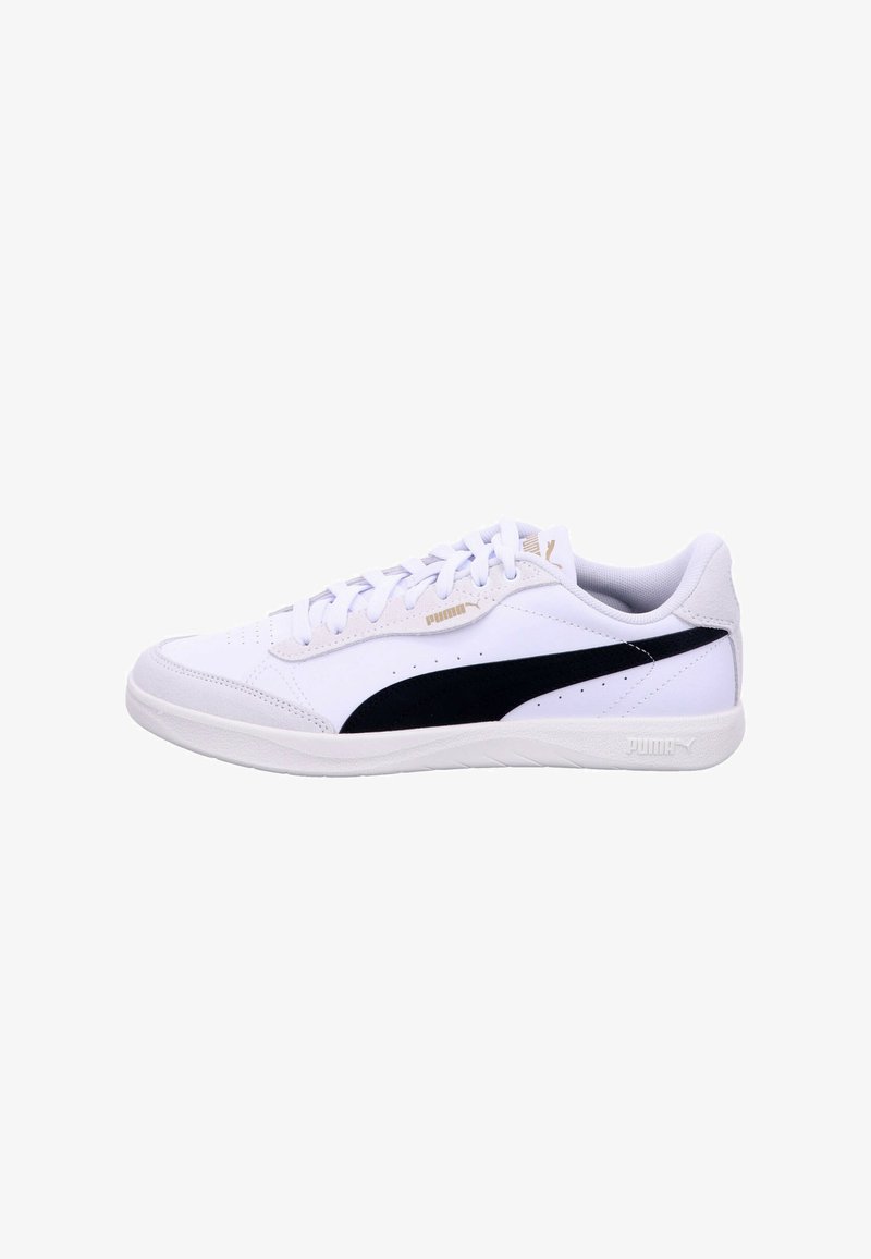 White low-top Puma sneaker with black side stripe, lace-up closure, and rubber sole, shown from the outer side on a white background.