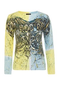 Langarm-T-Shirt in einem Farbverlauf von Gelb und Blau, mit einem zentralen Grafikdesign, das eine Krone und Flügel zeigt, sowie Spritzdetails in Gold und Schwarz.