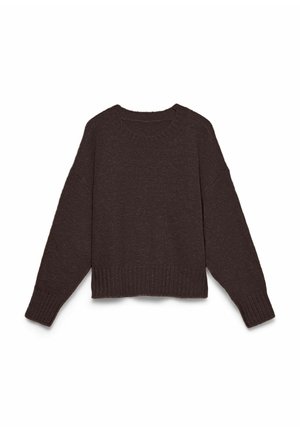 Pull tricoté marron foncé à manches longues, avec poignets, ourlet côtelés et encolure ronde, posé à plat sur un fond blanc.