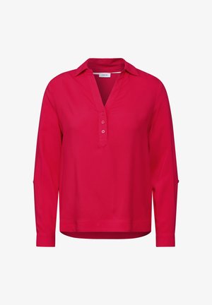 Blusa roja de manga larga con escote en V, tapeta delantera con cuatro botones y un tejido texturizado. Incluye cuello y pestañas para enrollar las mangas.