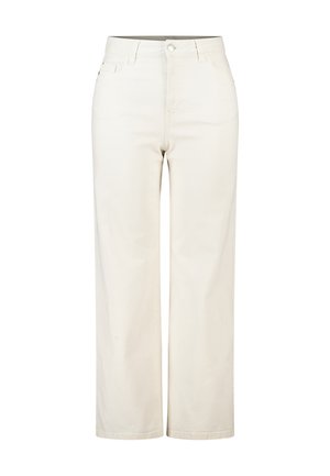 Jean taille haute, coupe droite, de couleur blanc cassé, avec poches avant, passants pour ceinture, fermeture par bouton et fermeture éclair.