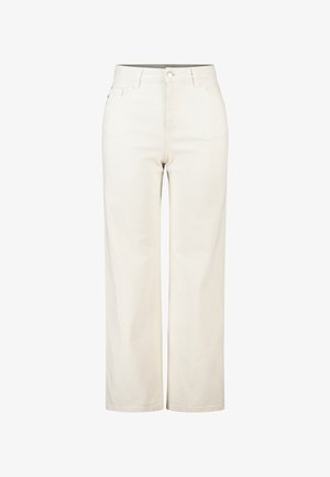 Witte jeans met een hoge taille en rechte pijpen, voorzien van voorzakken, riemlussen, knoop- en ritssluiting.
