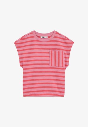 Maglietta a maniche corte a righe orizzontali rosa e rosse, con collo giro e tasca quadrata con righe verticali sul petto sinistro.