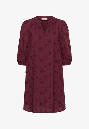 Burgundy dress with a V-neck, gathered puff sleeves, and floral embroidery. Fabric appears lightweight with a soft texture, knee-length design.
