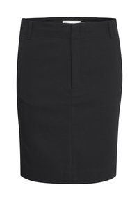 Jupe noire à coupe ajustée, longueur mi-thigh, fabriquée à partir d'un tissu lisse. Présente une couture subtile à l'avant et sans poches.