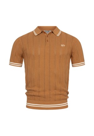 Ruskea lyhythihainen neulottu poolopaita, jossa on valkoiset kaksoisraidat kauluksessa, hihansuut ja vyötärönauha sekä pieni rintalogo.