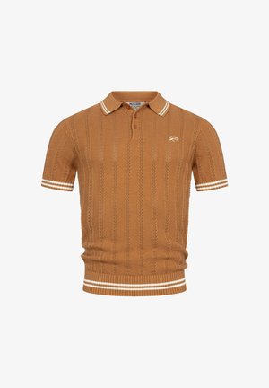 Polo marron à manches courtes en tricot avec doubles rayures blanches sur le col, les poignets des manches et la ceinture, avec un petit logo sur la poitrine.