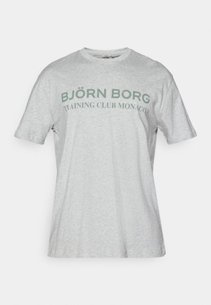 Harmaa puuvillainen t-paita, jossa on pyöreä pääntie ja lyhyet hihat. Etupuolella on vihreällä tekstillä: "BJÖRN BORG TRAINING CLUB MONACO".