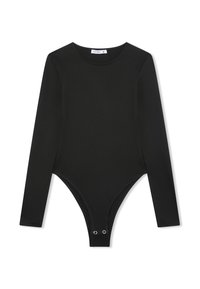 Czarny bodysuit z długim rękawem, z okrągłym dekoltem i zapięciem na zatrzask na dole, wykonany z gładkiego, elastycznego materiału.