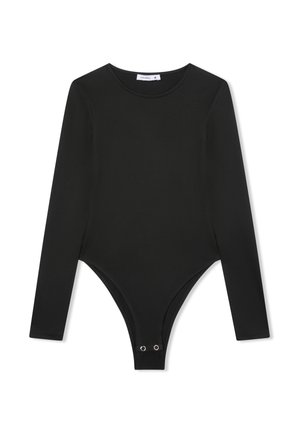 Body nero a maniche lunghe con scollo rotondo e chiusura a pressione sul fondo, realizzato in materiale liscio e elastico.