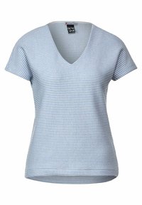 Ljusblå kortärmad V-ringad T-shirt med horisontella vita ränder, tillverkad av mjukt tyg, med avslappnad passform och rundad fåll.