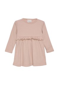 Langemouwen jurk in zacht beige rib gebreide stof met een gerimpelde laag op de taille. Rond de halslijn en elastische manchetten.