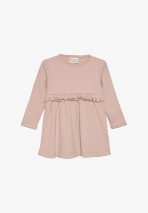 Langærmet kjole i blødt beige ribbet stof med en flæse ved taljen. Rund halsudskæring og elastiske manchetter.