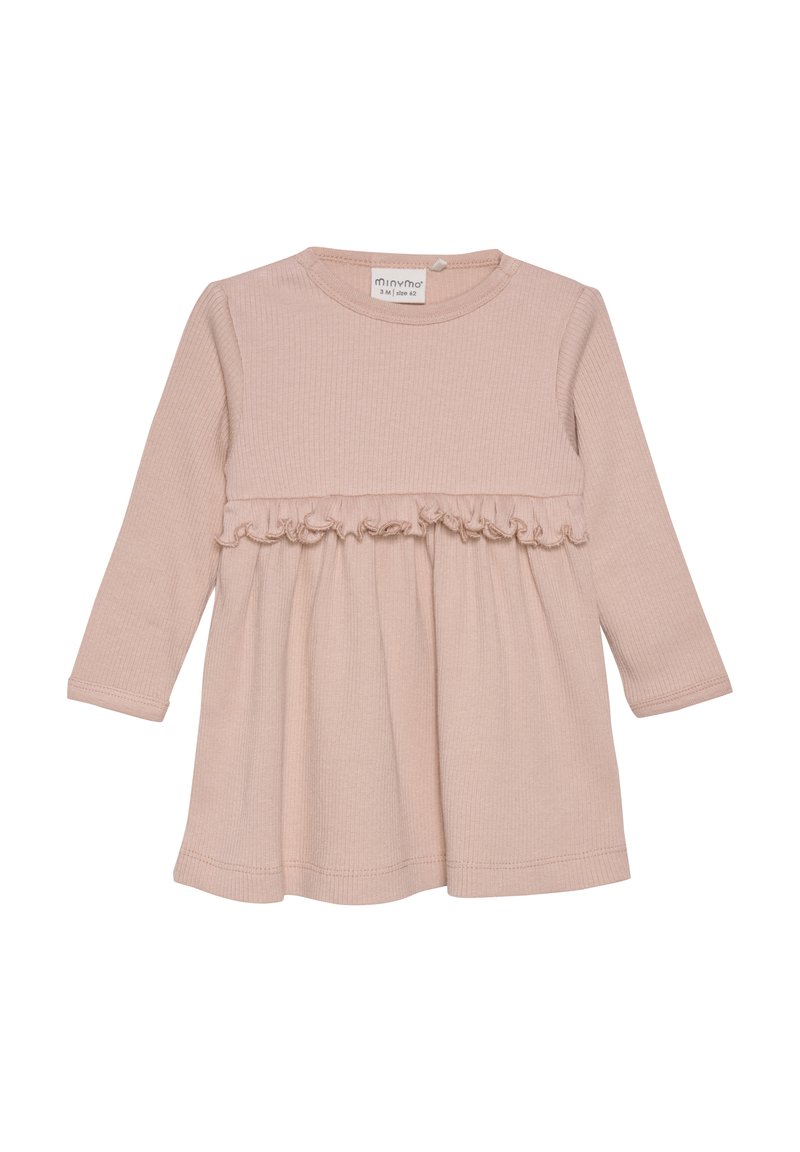 Langemouwen jurk in zacht beige rib gebreide stof met een gerimpelde laag op de taille. Rond de halslijn en elastische manchetten.